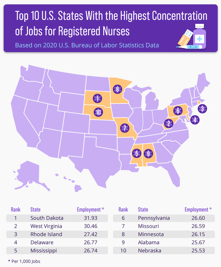 A map depicting the states with the highest employment per 1,000 jobs