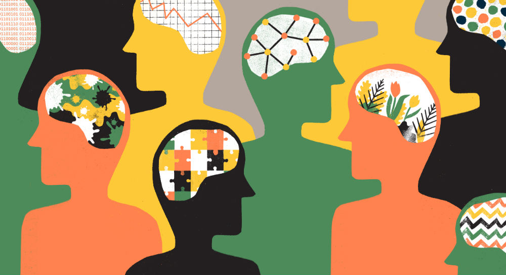 Cartoon outlines of people with different patterned brains for psychology